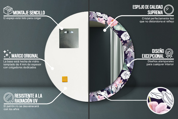 Specchio tondo con cornice stampata Uccelli aironi