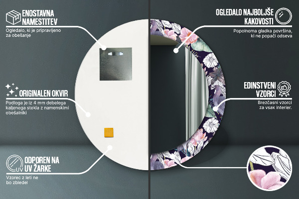 Specchio tondo con cornice stampata Uccelli aironi