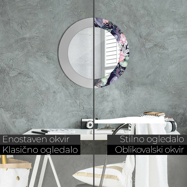 Specchio tondo con cornice stampata Uccelli aironi