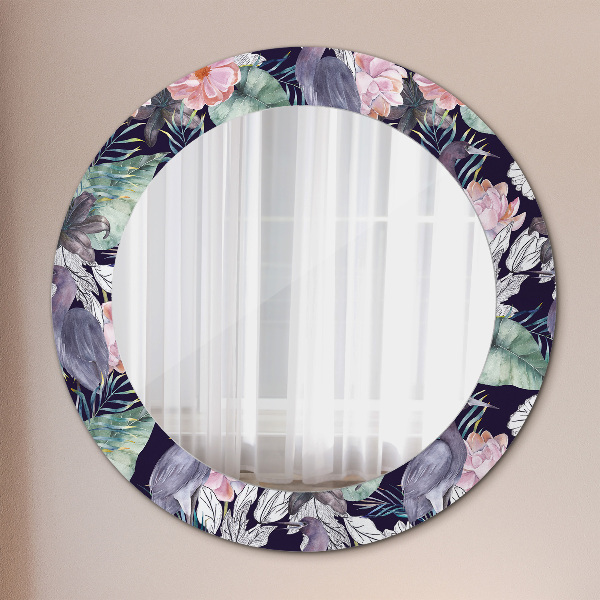 Specchio tondo con cornice stampata Uccelli aironi