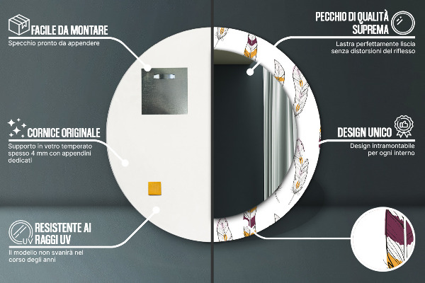 Specchio tondo con cornice stampata Piume