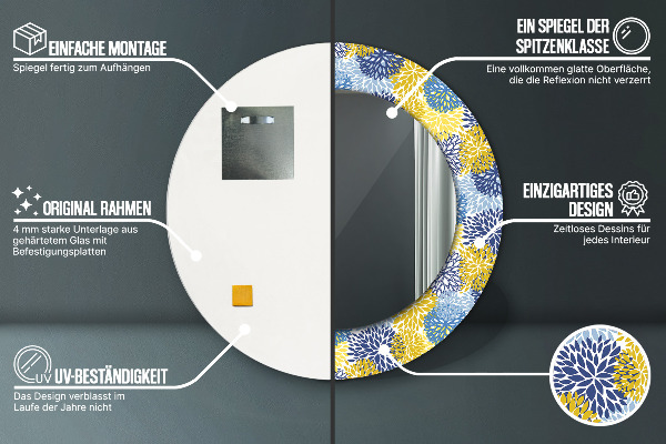 Specchio tondo con cornice stampata Fiori blu