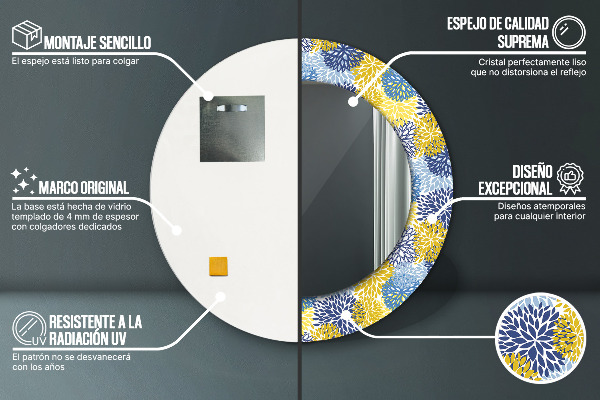 Specchio tondo con cornice stampata Fiori blu