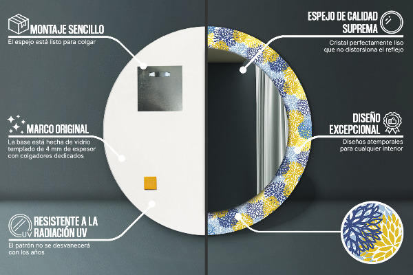 Specchio tondo con cornice stampata Fiori blu