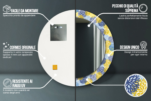 Specchio tondo con cornice stampata Fiori blu