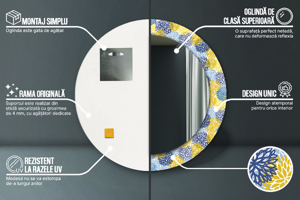 Specchio tondo con cornice stampata Fiori blu