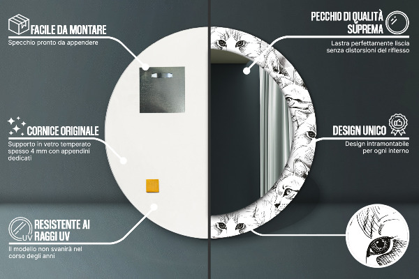 Specchio tondo con cornice stampata Animali domestici gatti