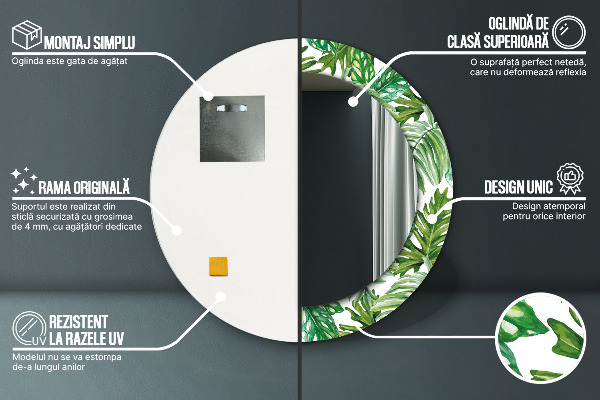 Specchio tondo stampato Foglie della giungla