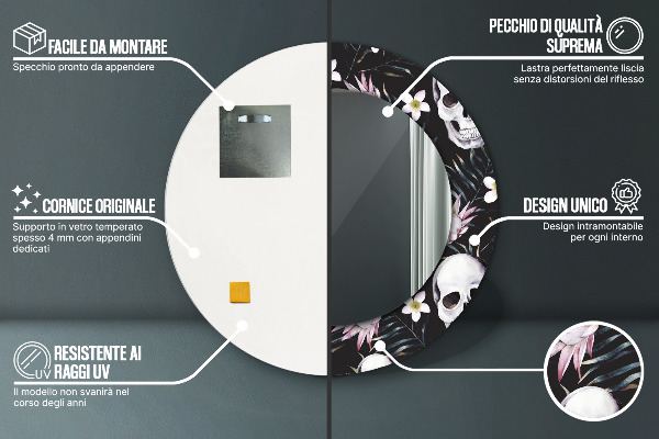 Specchio tondo stampato Fiori del cranio