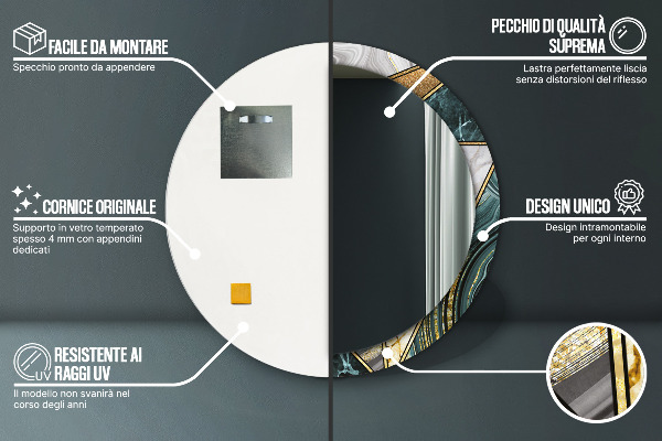 Specchio tondo stampato Agat e marmo d'oro
