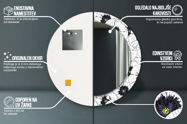 Specchio tondo stampato Composizione di fiori lineari