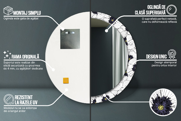 Specchio tondo stampato Composizione di fiori lineari