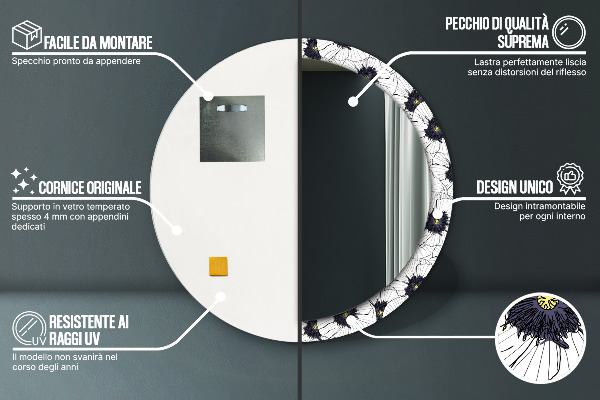 Specchio tondo stampato Composizione di fiori lineari