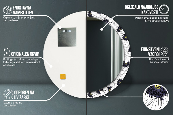 Specchio tondo stampato Composizione di fiori lineari