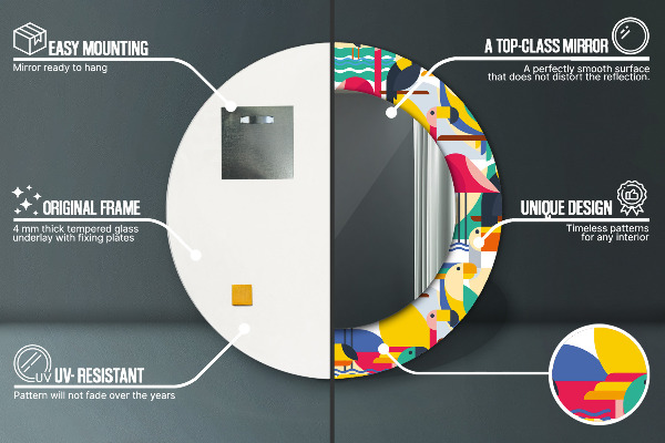 Specchio tondo stampato Uccelli tropicali geometrici