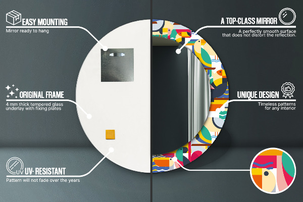 Specchio tondo stampato Uccelli tropicali geometrici