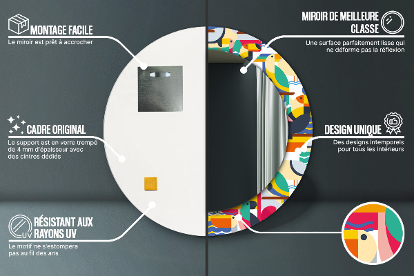 Specchio tondo stampato Uccelli tropicali geometrici