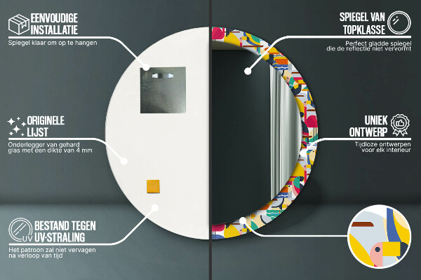 Specchio tondo stampato Uccelli tropicali geometrici
