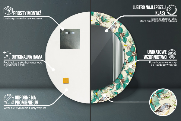 Specchio tondo decoro Fiori e uccelli