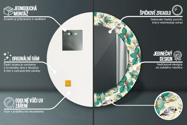 Specchio tondo decoro Fiori e uccelli