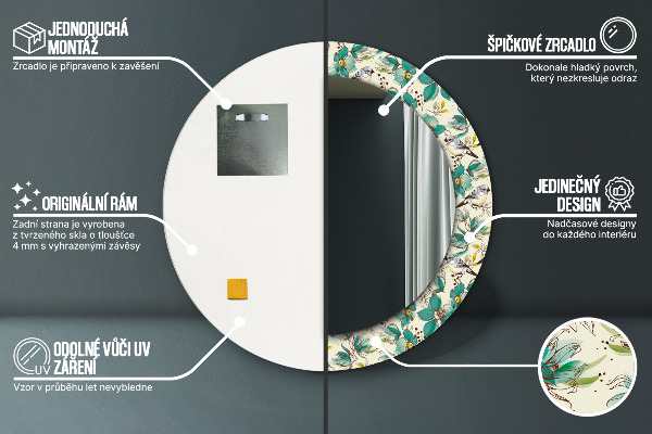 Specchio tondo decoro Fiori e uccelli