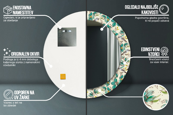 Specchio tondo decoro Fiori e uccelli