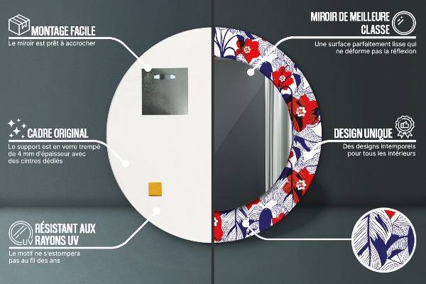 Specchio tondo decoro Filodendro e fiori rossi