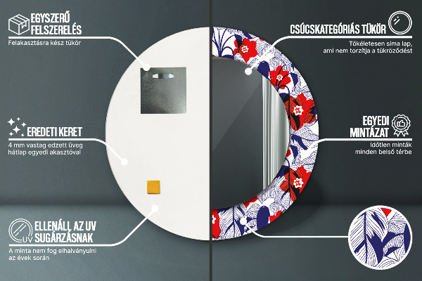 Specchio tondo decoro Filodendro e fiori rossi