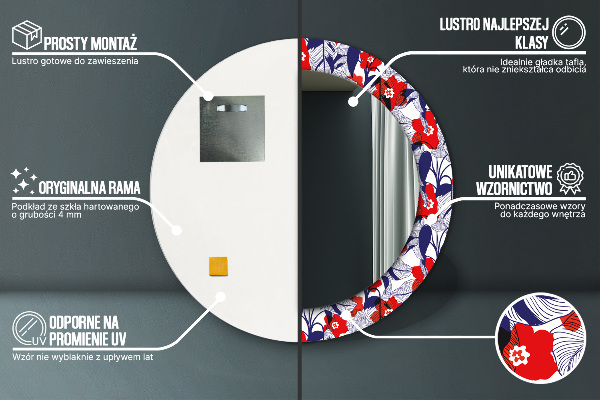 Specchio tondo decoro Filodendro e fiori rossi