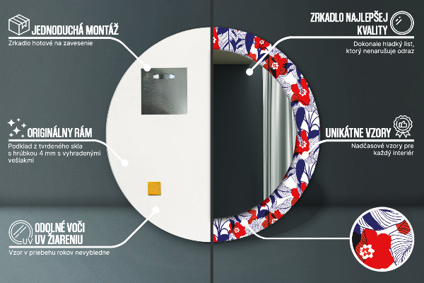 Specchio tondo decoro Filodendro e fiori rossi