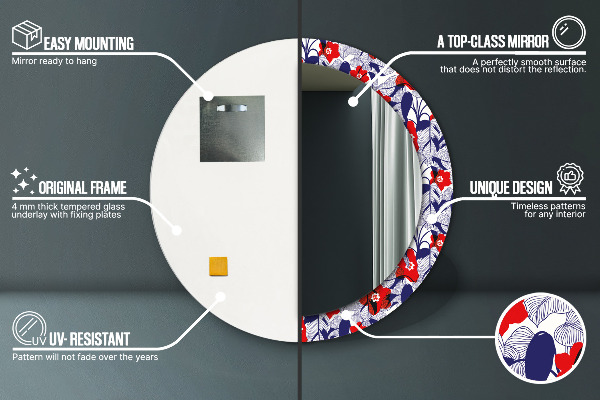 Specchio tondo decoro Filodendro e fiori rossi