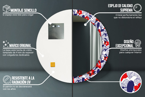 Specchio tondo decoro Filodendro e fiori rossi