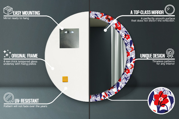 Specchio tondo decoro Filodendro e fiori rossi