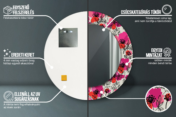 Specchio tondo decoro Poppies rosa