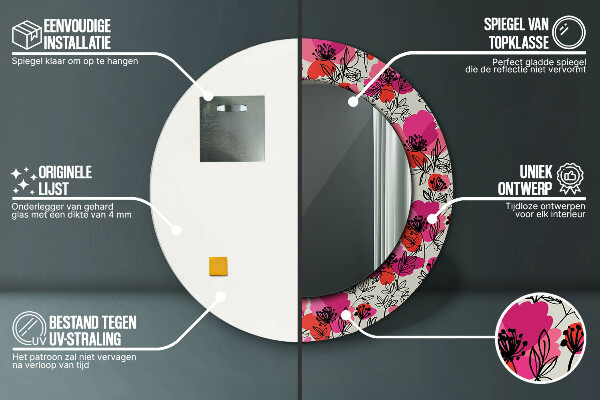 Specchio tondo decoro Poppies rosa