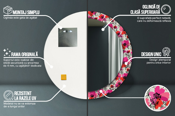 Specchio tondo decoro Poppies rosa