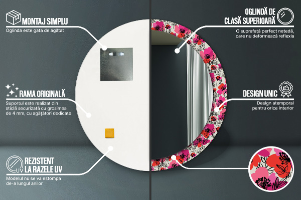 Specchio tondo decoro Poppies rosa