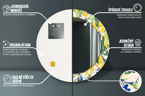 Specchio tondo stampato Orchidee blu e gialle