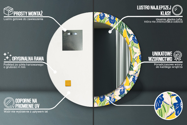 Specchio tondo stampato Orchidee blu e gialle