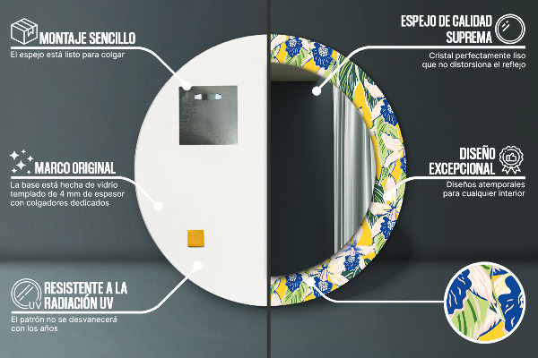 Specchio tondo stampato Orchidee blu e gialle