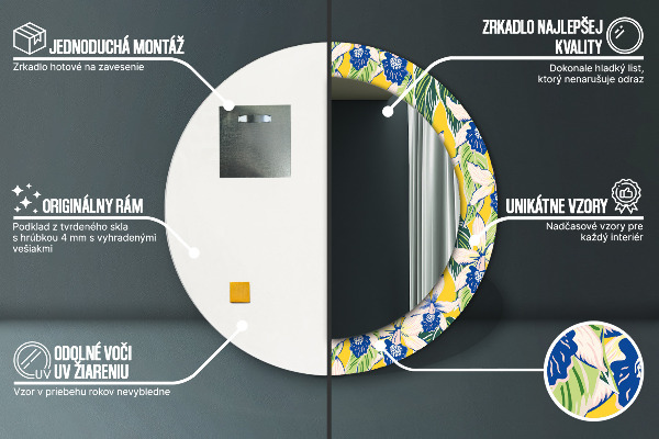 Specchio tondo stampato Orchidee blu e gialle