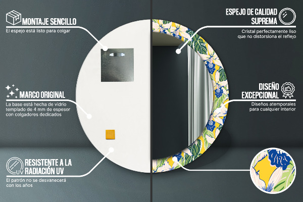 Specchio tondo stampato Orchidee blu e gialle