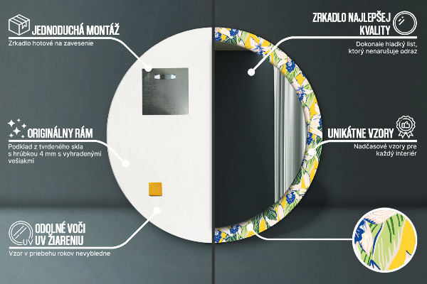 Specchio tondo stampato Orchidee blu e gialle