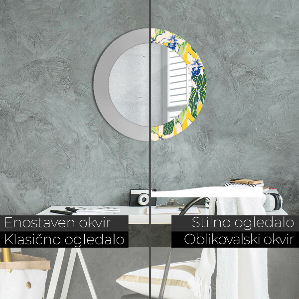 Specchio tondo stampato Orchidee blu e gialle
