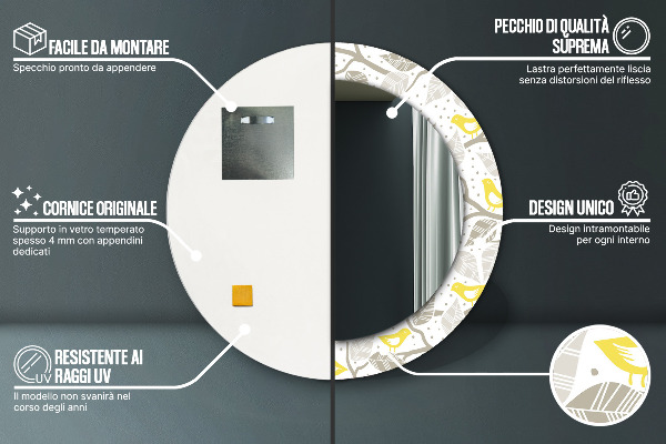 Specchio tondo decoro Uccelli gialli su rami