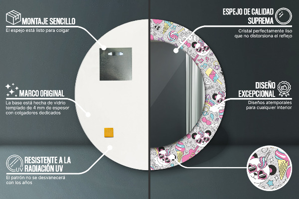 Specchio tondo decoro Panda Unicorn