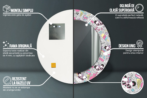 Specchio tondo decoro Panda Unicorn