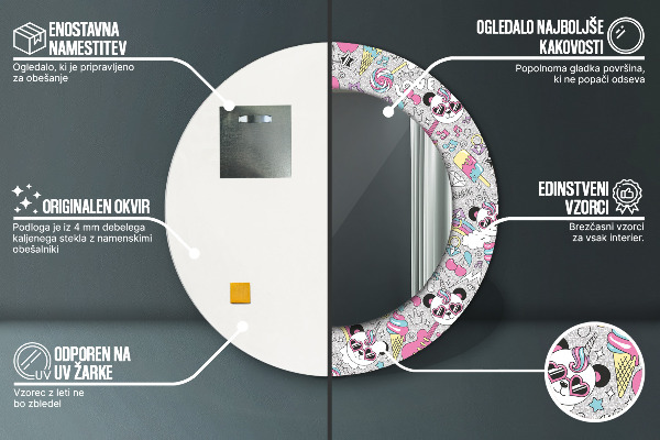 Specchio tondo decoro Panda Unicorn