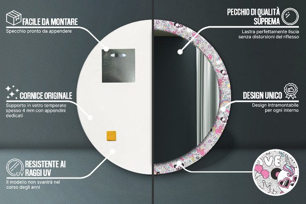 Specchio tondo decoro Panda Unicorn