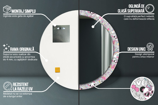 Specchio tondo decoro Panda Unicorn